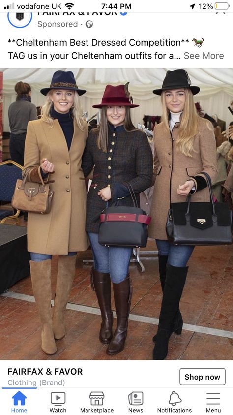 Horse Race Outfit Winter, Cheltenham Gold Cup Fashion, Casual Horse Race Outfit Winter, Winter Races Outfits For Women, Cheltnam Races Outfit, Horse Race Attire For Women, Horse Racing Outfits Women Winter, Horse Races Outfit Casual, Cheltenham Races Outfits Winter