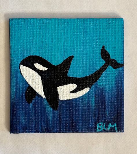 Adorable Killer Whale Mini Refrigerator Magnet.  Water soluble oil paint on canvas board magnet just right for your refrigerator or file cabinet or can be displayed on a mini easel as well. Marine Life Painting Acrylic Easy, Simple Ocean Paintings For Beginners, Easy Painting Ideas Animals, Easy Paintings Animals, How To Paint A Whale, Easy Painting Ideas On Square Canvas, Sea Creatures Painting Easy, Orca Painting Easy, Ocean Canvas Painting Easy