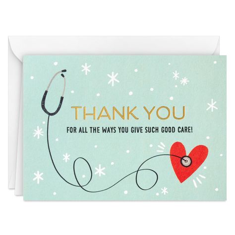 PRICES MAY VARY. Thank nurses, doctors and other medical professionals for all that they do with this pack of healthcare thank you cards Set of thank you notes includes 20 cards in a single design with coordinating envelopes; front of card features a mint green background with stars, a stethoscope and pink heart with black and gold lettering that reads, "Thank you for all the ways you give such good care!" Cards are blank inside so you can write a personalized thank you note to nurses, doctors, Thank You Card For Doctor, Nurse Thank You Basket, Thank You Baskets, Thank You Nurses, Mint Green Background, Hallmark Greeting Cards, Doctors Day, Thank You Quotes, Physician Assistant