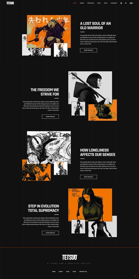 Inspired by iconic manga and cyberpunk culture, Tetsuo is a creative portfolio WordPress theme for every designer, artist or illustrator.   #wordpress #webdesign #theme #template #creative #design #creativeagency #artist #portfolio #manga Graphic Artist Portfolio Ideas, Artist Website Design Ideas, Portfolio For Designer, Fashion Portfolio Website Design, Art Portfolio Website Inspiration, Cyberpunk Layout Design, Portfolio Webpage Design, Portfolio Ideas Design Creative, Wordpress Portfolio Design