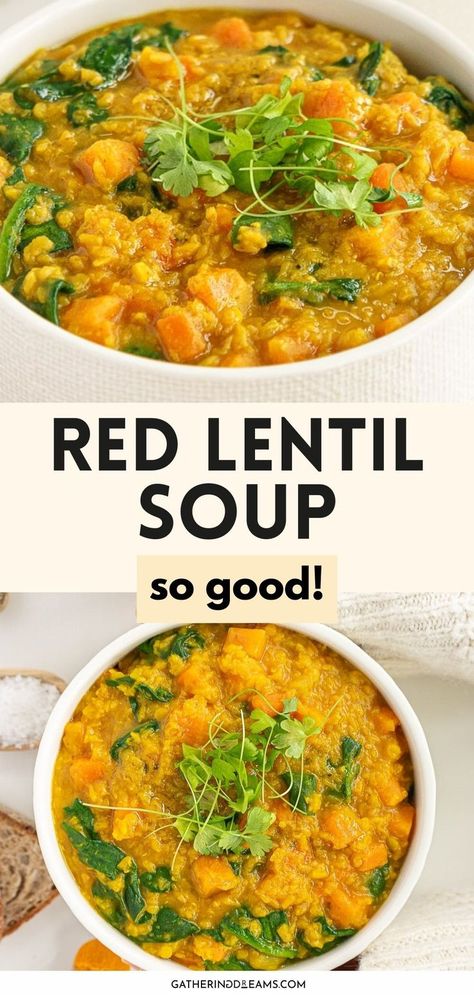 red lentil soup Lentil Soup With Spinach, Carrot Lentil Soup, Best Lentil Soup, Red Lentil Recipes, Soup With Spinach, Red Lentil Soup Recipe, Broccoli Carrot, Carrot And Lentil Soup, Lentils Vegan