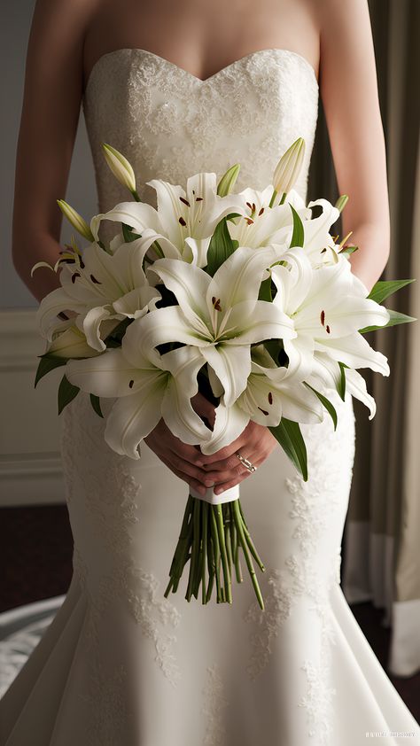 Classic Pure Elegance White Lily Bridal Bouquet Wedding Lily Bouquets, Lily Flowers Wedding Decor, Elegant All White Bridal Bouquet, Best Wedding Bouquets, White Lily Bridal Bouquet, White Elegant Bouquet, Wedding Bouquets Bride Elegant, Peace Lily Wedding Bouquet, White Wedding Ideas With Elegance