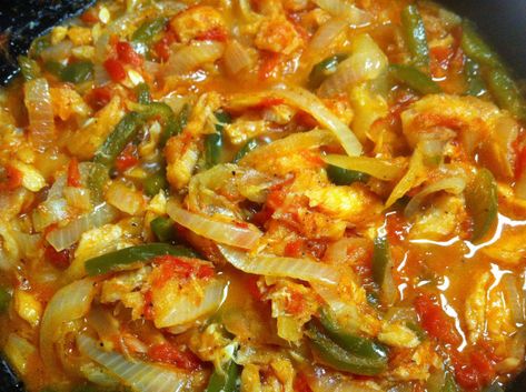 Here’s my saltfish just before I was ready to serve Salt Fish Recipe Trinidad, Saltfish Recipes Caribbean, Jamaican Salt Fish Recipe, Jamaican Steamed Cabbage Recipe, Jamaican Meals, Salt Fish Recipe, Trini Recipes, Jamaican Breakfast, Sweet Marjoram