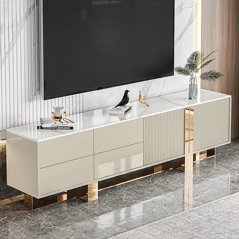 Marble-Top TV Console Tv Cabinate, Champagne Living Room, Tv Wanddekor, Living Room Tv Cabinet Designs, Tv Console Design, Reka Bentuk Ruang Tamu, Deco Buffet, Tv Stand Decor, Living Room Tv Cabinet