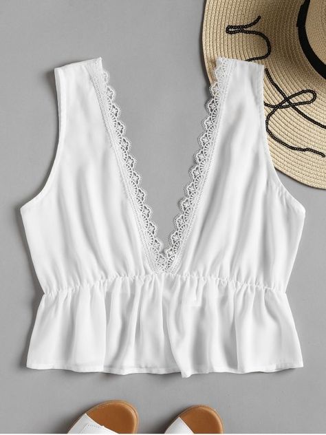 Plunging Neck Lacework Tank Top - WHITE M White Sleeveless Cotton Lace Top, Bohemian White Sleeveless Tank Top, Casual White V-neck Tank Top, White Flowy Sleeveless Tank Top, Cotton V-neck Tank Top With Lace, Lingerie Outfit Night, Pijamas Women, Fleece Pajama Pants, Loose Tank Tops