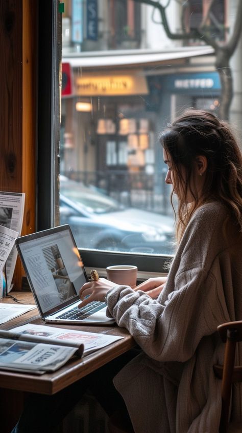 Cafe Work Session: A young woman focused on her #remoteoffice while sitting in a #coffeeshop during the day. #woman #laptop #cafe #coffee #working #digitalnomad #freelancelife #productivity ⬇️ Download and 📝 Prompt 👉 https://stockcake.com/i/cafe-work-session_214262_39430 Writing In Cafe Aesthetic, Sitting In Cafe Pose, Woman Studying Aesthetic, Writing In A Cafe, Working From Coffee Shop, Laptop Coffee Shop, Blog Writing Aesthetic, Work In Cafe Aesthetic, Working At Cafe Aesthetic