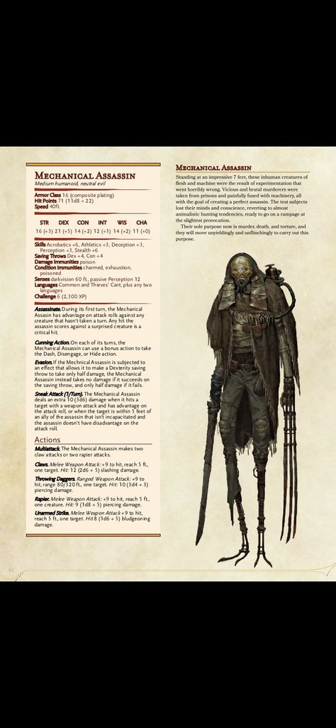 Assassin Dnd 5e, Dnd Boss Stat Block, Dnd Machine Monster, D&d Monster Stats, D&d 5e Monsters, Dnd Assassin Stats, Dnd Clockwork Monsters, Dnd Enemy Sheet, Scary Dnd Monsters