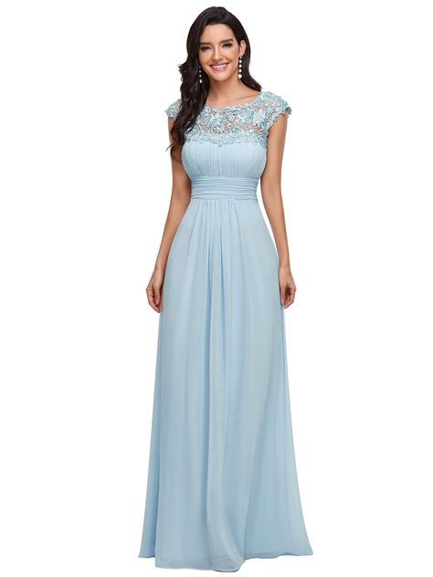 Modest Gowns Evening Classy, Pretty Dresses Elegant, Blue Formal Dress Long, Bridesmaid Dresses With Lace, Blue Gowns, Blue Wedding Gowns, Military Ball Dress, Cap Sleeve Prom Dress, Wedding Outfits For Women