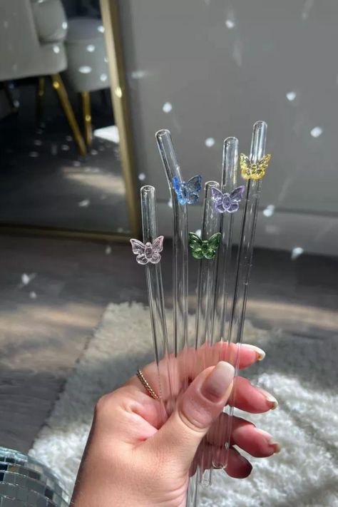 Glass straws with butterflies detail for spring, spring bar cart decor, spring amazon find, Easter basket find Aesthetic Glass Straws, Glass Art Products, Cart Decor, Bar Cart Decor, Decor Spring, Aesthetic Pinterest, Glass Straws, Easter Basket, Easter Baskets