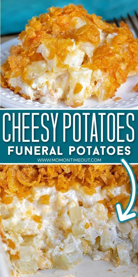 Cheesy Potatoes (or Funeral Potatoes) are the ultimate comfort food! Easy and delicious, this tasty side dish is perfect for the holidays! Keto Cheesy Potatoes, Potluck Cheesy Potatoes, Cheesy Potatoes With Velveeta, Velveeta Cheesy Potatoes, Cheesy Potatoes Velveeta, Leftover Apples Recipes, Creamy Sauce For Chicken, Party Potatoes, Leftover Apples