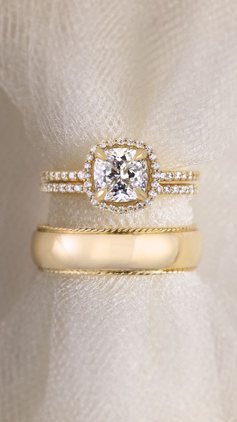 Solatire Ring, Large Engagement Rings, When She Says, Gold Wedding Ring Set, Stacked Engagement Ring, Stacked Wedding Rings, Future Engagement Rings, Cushion Cut Diamond, Gold Diamond Engagement Rings