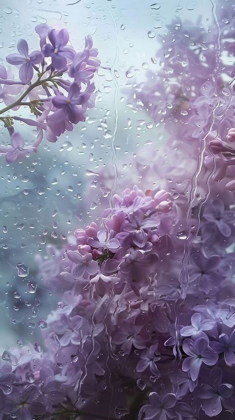 Rain scene with lilacs blossom flower plant. | premium image by rawpixel.com Purple Rain Wallpaper, Flower Wallpaper Purple, Flowers Purple Aesthetic, Purple Aesthetic Flowers, Iphone Wallpaper Lavender, Rainy Aesthetics, Rainy Nails, Flowers And Rain, Raining Flowers