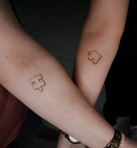 Minimalistic style matching puzzle piece tattooed on Couple Tattoo Puzzle Piece, Best Friend Tattoos Puzzle Pieces, Puzzle Piece Tattoo Matching, Matching Puzzle Tattoo, Puzzle Piece Matching Tattoos, Couple Puzzle Piece Tattoo, Puzzle Piece Tattoo Best Friend, Puzzle Couple Tattoo, Jigsaw Piece Tattoo