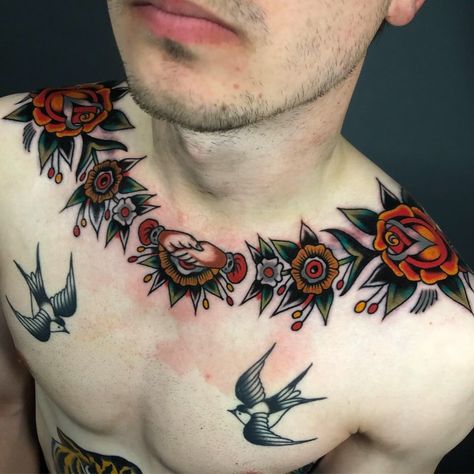 Collar Tattoo Traditional, American Traditional Tattoos Collar Bone, Neck Tattoo For Guys Traditional, Collar Neck Tattoo, Traditional Clavicle Tattoo, Traditional Tattoo Collar Bone, American Tradition Chest Tattoo, American Traditional Collar Tattoo, Traditional Tattoos Chest Piece