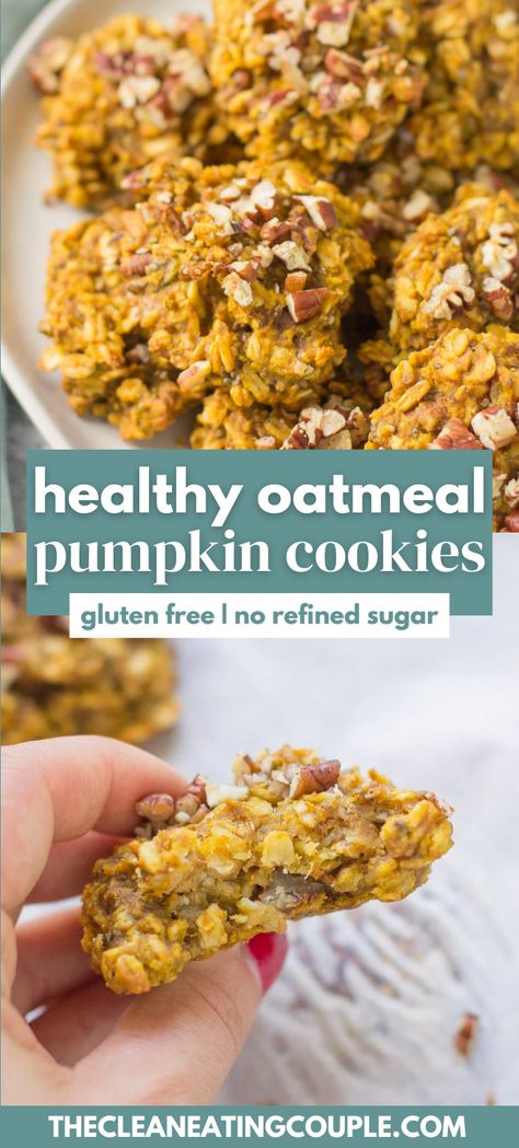 Healthy Oatmeal Pumpkin Cookies (Gluten Free, No Refined Sugar) are a delicious fall breakfast! Made with only 8 ingredients, they are perfect for meal prepping & naturally gluten free. Healthy Pumpkin Cookies Gluten Free, Whole 30 Pumpkin Cookies, Healthy Pumpkin Protein Cookies, Keto Pumpkin Oatmeal Cookies, Healthy Oatmeal Cookies Breakfast, Healthy Pumpkin Cookies Easy, Healthy Pumpkin Recipes Breakfast, Pumpkin Oat Flour Cookies, Flourless Pumpkin Oatmeal Cookies