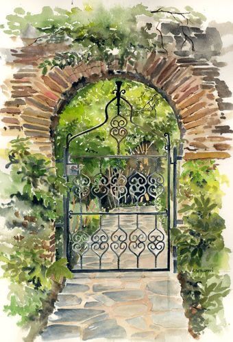 Windows Watercolor, Watercolour Garden, Landscape Bricks, Garden Watercolor, Acrylic Painting Lessons, Watercolor Pictures, Diy Watercolor Painting, Watercolor Projects, Watercolor Landscape Paintings