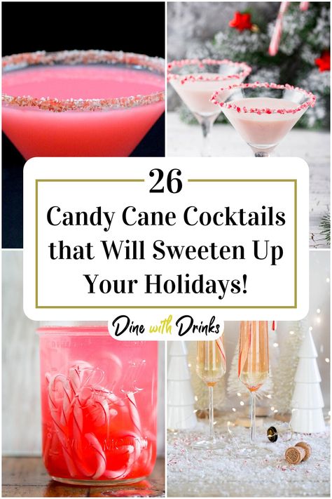 Collage of 4 candy cane cocktails. Candy Cane Rimmed Drink, Candy Cane Vodka Drinks, Candy Cane Mocktail, Candy Cane Drinks Christmas Cocktails, Candy Cane Cocktails, Candy Cane Drink, Fun And Easy Drinks, Candy Cane Drinks, Candy Cane Cocktail Recipe