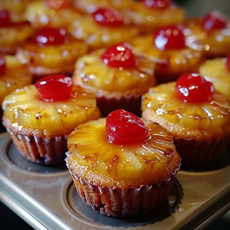 Mini Pineapple Upside-Down/ Cupcakes Mini Pineapple Upside Down, Pineapple Upside Cupcakes, Pineapple Upside Down Cupcakes With Cake Mix Recipe, Small Batch Pineapple Upside Down Cake, Mini Upside Down Pineapple Cake, Pineapple Upside Down Cupcake Recipe, Pineapple Upside Down Muffins, Upside Down Pineapple Cupcakes, Upside Down Pineapple Cake