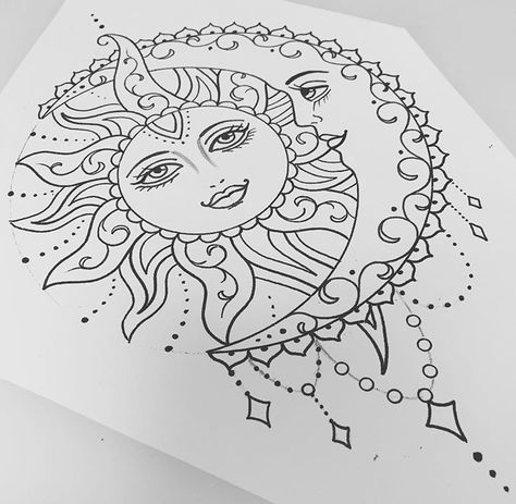 Sun And Moon Zentangle, Sun And Moon Lower Back Tattoo, Sun And Moon Mandala Drawing, Sun And Moon Tattoo Drawing, Sun And Moon Tattoo Stencil, Sun And Moon Sketch, Sun Moon Drawing, Sun And Moon Tattoo Ideas, Sun And Moon Drawing