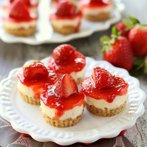 Quick and Delicious Mini Strawberry Cheesecake Bites How-to Mini Strawberry Crunch Cheesecake Bites, Easy Cheesecake Bites, Mini Strawberry Cheesecake, Strawberry Cheesecake Bites, Cheesecake Cups, Cheesecake Mousse, Berry Cheesecake, Fruit Toppings, Strawberry Slice