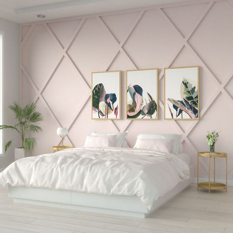 White Bedroom with Pink Wall Color Light Pink Feature Wall, Pink And White Wall Panelling, Diamond Accent Wall Bedroom, Teen Room Wallpaper Accent Wall, Pink And White Accent Wall, Feminine Accent Wall, Girls Bedroom With Paneling, Blush Accent Wall Bedroom, Panelled Walls Bedroom Pink