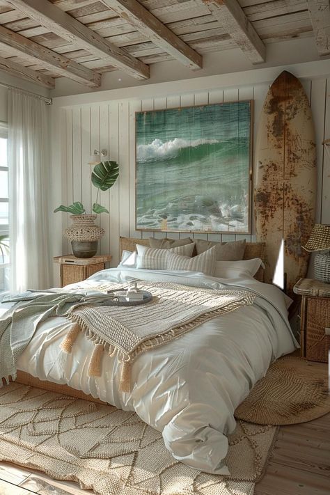 Bedroom Beachy Boho, Natural Life Room, Beach Theme Home Decor, Bohemian Coastal Bedroom, Beach Theme House Interior Design, Beach Coastal Interior Design, Tulum Inspired Bedroom, Beach House Bedroom Aesthetic, Room Beach Aesthetic