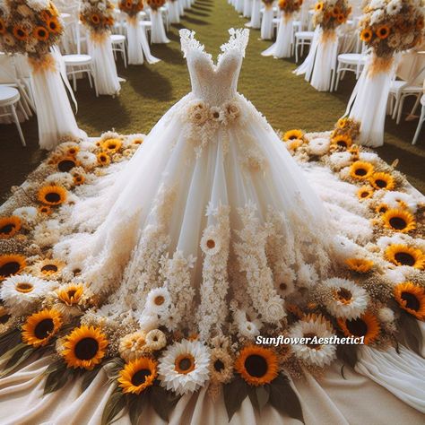 Sun Flower Wedding Dress, Sun Flower Outfit, Yellow Aesthetic Wedding Theme, Yellow And White Wedding Dress, Sunflower Wedding Dress, Sewing Hobby, Sunflower Themed Wedding, Sunflower Dress, Pretty Wedding Dresses