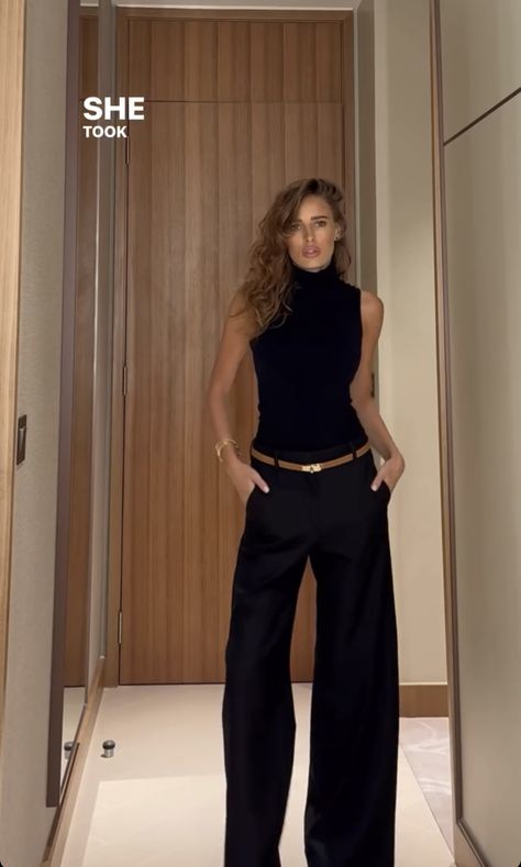 Black Top And Trousers Outfit, Black Outfit Brown Belt, Professional Outfits Women All Black, All Black Outfit Gold Jewelry, Black Dress Styling Casual, Formal Hostess Outfit, H Belt Outfit Hermes, Black Heels And Jeans Outfit, All Black Hostess Outfit