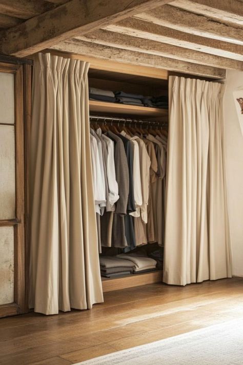 Keep your wardrobe easily accessible with an open closet concept, using curtain dividers for a soft, elegant touch. Perfect for small spaces and minimalist designs. 🎨🚪✨ #OpenWardrobe #CurtainDividers #HomeDecor #ClosetDesign Pax Corner Wardrobe, Curtain Wardrobe, Small Bedroom Wardrobe, Small Room Divider, Curtain Divider, Curtain Room Divider, All White Room, Closet Curtains, Corner Wardrobe