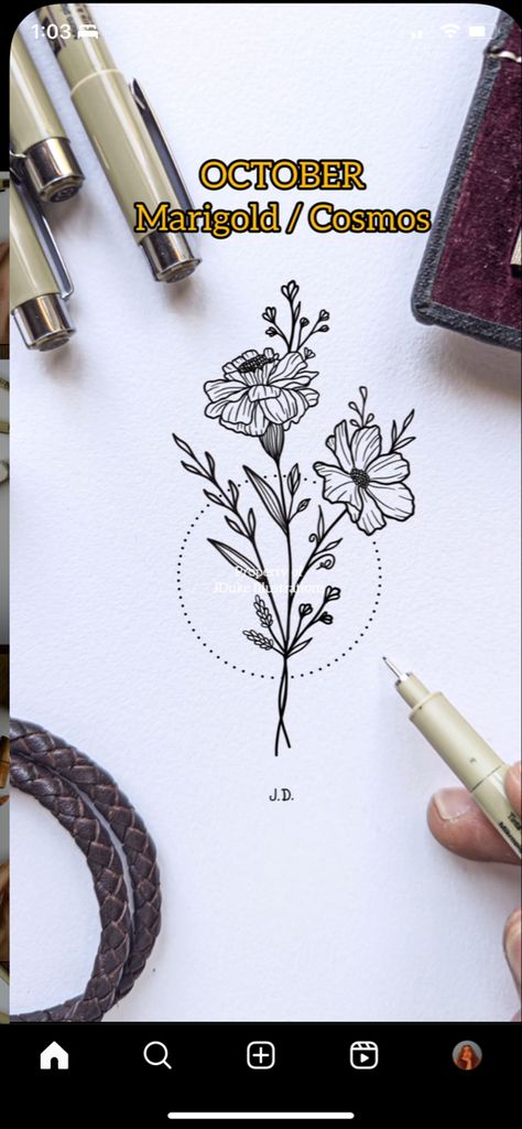 October Birthday Flower Tattoo, October Flower Spine Tattoo, August And October Flower Tattoo, October And June Birth Flower Tattoo, October Birth Flowers Tattoo, May And October Flower Tattoo, October Birth Flower Drawing, October Birthday Tattoo Ideas, Birth Month Flowers Tattoo Combined