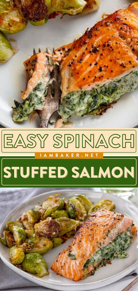 Healthy Dinner Recipes No Starch, Crockpot Recipes Pescatarian, Salmon Recipes With Quinoa, Healthy Stuffed Salmon, Easy Dinner Recipes No Carb, Spinach Fish Recipes, Fish With Spinach Recipes, Keto Salmon Dinner Ideas, Healthy Dinner Recipes For Two Fish