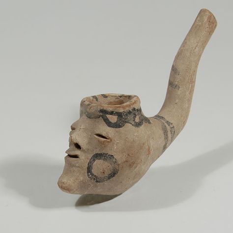 #adobegallery - Tesuque Pueblo Historic Pottery Figural Smoking Pipe. Potter Unknown      Category: Historic     Origin: Tesuque Pueblo - Te Tsu Geh Oweenge     Medium: clay, pigment     Size: 5-1/4” long x 1-5/8” width     Item # C3687B Historic Pottery, Historical Pottery, Sculpted Face, Southwest Pottery, Native Pottery, Indian Pottery, Applied Arts, Arte Popular, Sculpture Clay