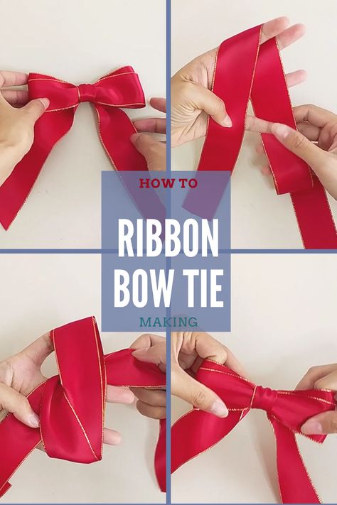 How to make ribbon bow tie for present wrapping How To Male A Bow With Ribbon For A Gift, Tie A Bow With A Fork, Simple Bows For Presents, Bow Tie Ribbon Diy, How To Tie Present Bow, How To Bows With Ribbon, Tying A Ribbon Bow Gift Wrapping, How To Make A Bow With Non Wired Ribbon, Tie A Big Bow With Ribbon