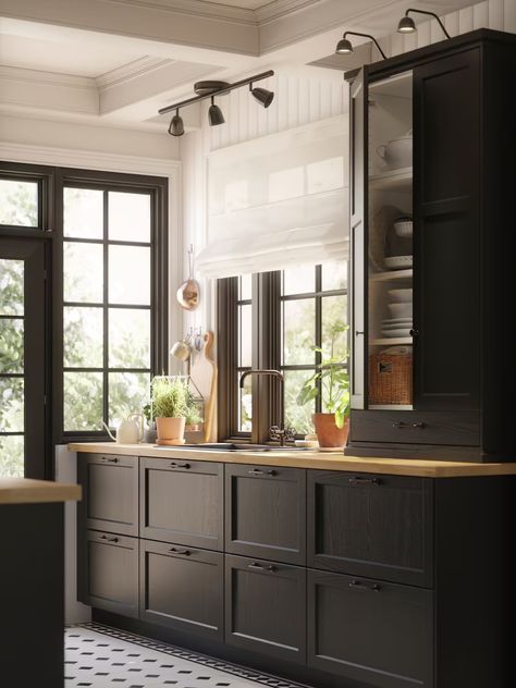 A traditional kitchen with black-stained fronts - IKEA Ikea Kitchen Colors, Lerhyttan Kitchen Ikea, Ikea Kitchen Black, Black Ikea Kitchen, Ikea Lerhyttan, Ikea Kitchen Planner, Ikea Kitchens, Ikea Kitchen Island, Kitchen Guide