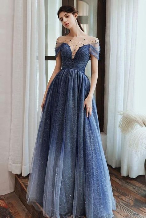 Prom Dresses With Open Back, Fairytale Outfits, Smooth Dance, Tulle Prom Dresses, Princess Prom Dresses, Formal Ball Gown, Yule Ball, Marine Uniform, Blue Evening Dresses