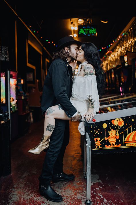 Rockabilly Engagement Photos, Rock N Roll Elopement, Rock N Roll Engagement Photos, Rock And Roll Engagement Photos, Pinball Engagement Photos, Punk Rock Engagement Photos, Alt Couples Photoshoot, Punk Elopement, Pinball Photoshoot