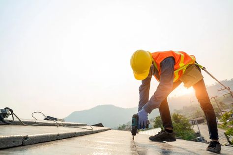 Commercial Roofer working on a sloped roof Construction Calculators, Epdm Roofing, Roofing Estimate, Concrete Roof Tiles, Types Of Roofing Materials, Pvc Roofing, Roof Problems, Residential Roofing, Commercial Roofing