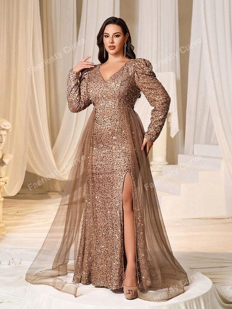 Plus Gigot Sleeve Mesh Overlay Split Thigh Sequin Long Evening Gown Glittery DressI discovered amazing products on SHEIN.com, come check them out! Sequined Gown, Evening Gala, Wedding Dresses For Kids, Voluminous Skirt, Wedding Dress Sequin, Sequin Formal Dress, Gowns Prom, Glitter Dress, Bridal Robes