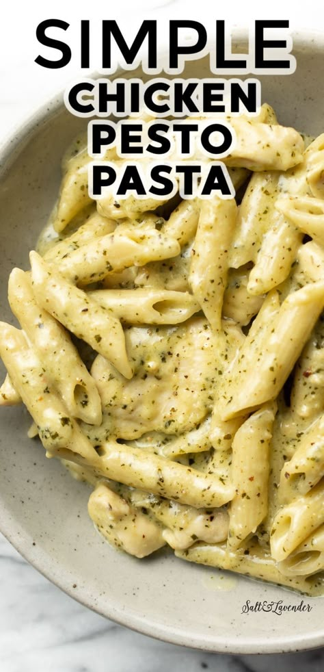 a bowl of penne in creamy sauce with text overlay that reads simple chicken pesto pasta Best Chicken Pesto Pasta Recipes, Chicken And Pesto Pasta Recipes, Creamy Pesto Chicken Pasta Recipes, One Pot Creamy Pesto Chicken Pasta, Creamy Basil Pesto Chicken Pasta, Chicken Pesto Pasta Instant Pot, Pesto Cream Chicken, Garlic Chicken Pesto Pasta, Quick Pesto Sauce