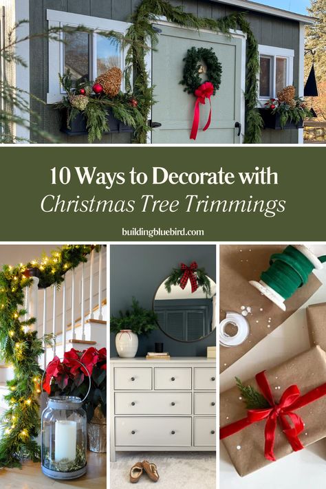 10 Unique ways to decorate for Christmas using tree trimmings What To Do With Christmas Tree Trimmings, Christmas Arrangements Diy, Ways To Decorate For Christmas, Joyful Design, Christmas Tree Trimming, Decorate For Christmas, Christmas Vignettes, Holiday Mantel, Christmas Tree Branches