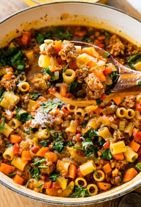 Easy Italian Sausage Soup Recipe (with Spinach) - CucinaByElena Fall Easy Soup Recipes, Sausage Soup With Spinach, Minestrone With Italian Sausage, Soups Using Italian Sausage, Crock Pot Italian Soup Recipes, Sweet Sausage Soup Recipes, Sweet Sausage Soup, Italian Sausage Soup With Spinach, Italian Spinach Soup