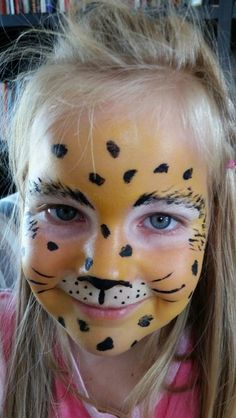 Leopard face paint for kids -start with the white, then yellow and finish off with black hair, spots and whiskers Kids Cheetah Face Paint, Easy Leopard Face Paint, Cheetah Face Paint Kids Easy, Easy Animal Face Paint Ideas For Kids, Leopard Face Paint Easy, Cheetah Face Paint Easy, Face Painting Leopard, Jungle Animal Face Paint, Easy Cheetah Face Paint