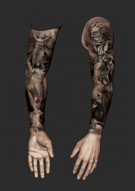 Tattoo Ideas Full Hand, Wealthy Tattoo Ideas, Tattoo Full Arm Men, Guys With Sleeve Tattoos, Tattoo Full Hand Men, Ancient Greek Tattoo Sleeve, Zues Tattoo Designs, Tatoos Men Hand, Tattoo Full Hand