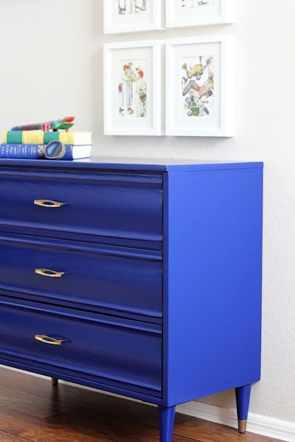 The paint color is Benjamin Moore's Admiral Blue in Satin. Blue Painted Furniture, Blue Dresser, Green Desk, Mid Century Modern Dresser, Blue Furniture, Modern Dresser, Redo Furniture, Furniture Inspiration, Furniture Projects