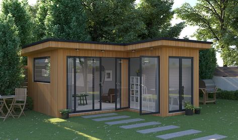 Summer Houses Uk, Wooden Summer House, Summer House Design, Corner Sheds, Garden Log Cabins, Contemporary Garden Rooms, Garden Room Ideas, Corner Summer House, House Uk