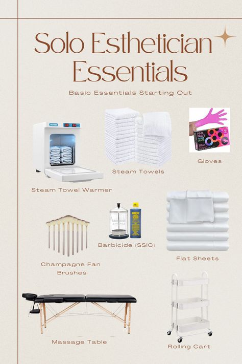 A few essentials for Solo Estheticians just starting out. Stay tuned to see how to elevate your spa bed! Studio Hair Salon Ideas, Esthetician Room Supplies, Spa Room Ideas Estheticians, Salon Suite Decor, Spa Room Ideas, Esthetician Inspiration, Spa Massage Room, Esthetician Supplies, Spa Bed