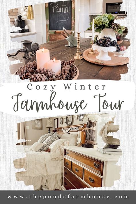 Cozy Winter Home Tour - Budget Farmhouse Winter Decor Ideas. It is generally a difficult time of year to decorate; however, it doesn't have to be. Today I'm sharing a home tour with several cozy winter decor ideas you can use to decorate your home. Foraged Materials, Thrift Store Finds, DIY Projects, Farmhouse Style, Cottage Style, Cozy Winter Kitchen, Cozy Winter Entryway, Cozy Winter Bedroom, Cozy Winter LIving Room, Cozy Winter Dining Room. Country Winter Decor, Country Chic, Country Style Winter Indoor Decor, Cozy Winter Living Room Decor, January Winter Decor, Winter Vignettes, Winter Entryway Decor, Cozy Winter Living Room, Winter Entryway, January Home Decor Ideas, Winter Decor Ideas For The Home