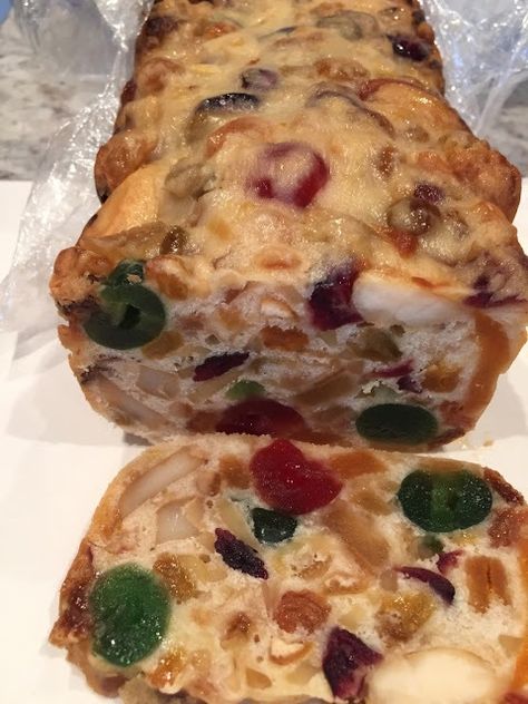 Here and There: White Jewelled Fruitcake White Fruitcake Recipe, Recipes With Crushed Pineapple, Glazed Cherries, Green Cherries, Fruitcake Recipes, Dried Apples, Holiday Goodies, Almond Flavor, Box Cake Mix