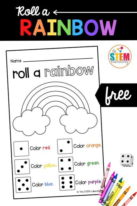 Roll a Rainbow is a fun count-and-color game that’s perfect to use as a math center or just-because activity. As kids race to fill their rainbow with red, orange, yellow, green, blue and purple, they count or subitize the numbers on a die. #prekmath #kindergartenmath #subitize #countinggames Math Stem Activities, Rainbow Template, Rainbow Lessons, Free Math Centers, Stem Boxes, Rainbow Activities, Math Centers Kindergarten, Prek Math, Math Measurement