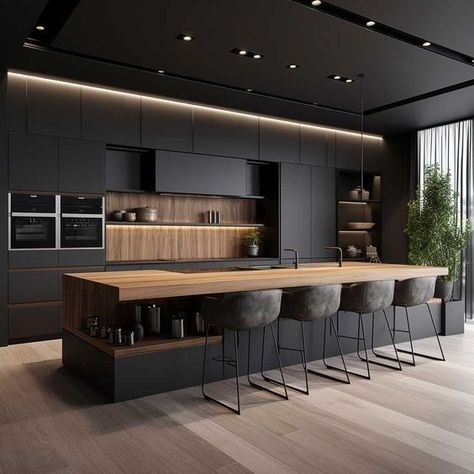 Modern Architecture Kitchen, Kitchen Modern Apartment, Kitchen Design Industrial Modern, Kitchen Interior Design 2023, Unique Modern Interior Design, Dark Modern Kitchen Design, Industrial Modern Kitchen Design, Dark Open Kitchen, Minimalist Interior Design Kitchen